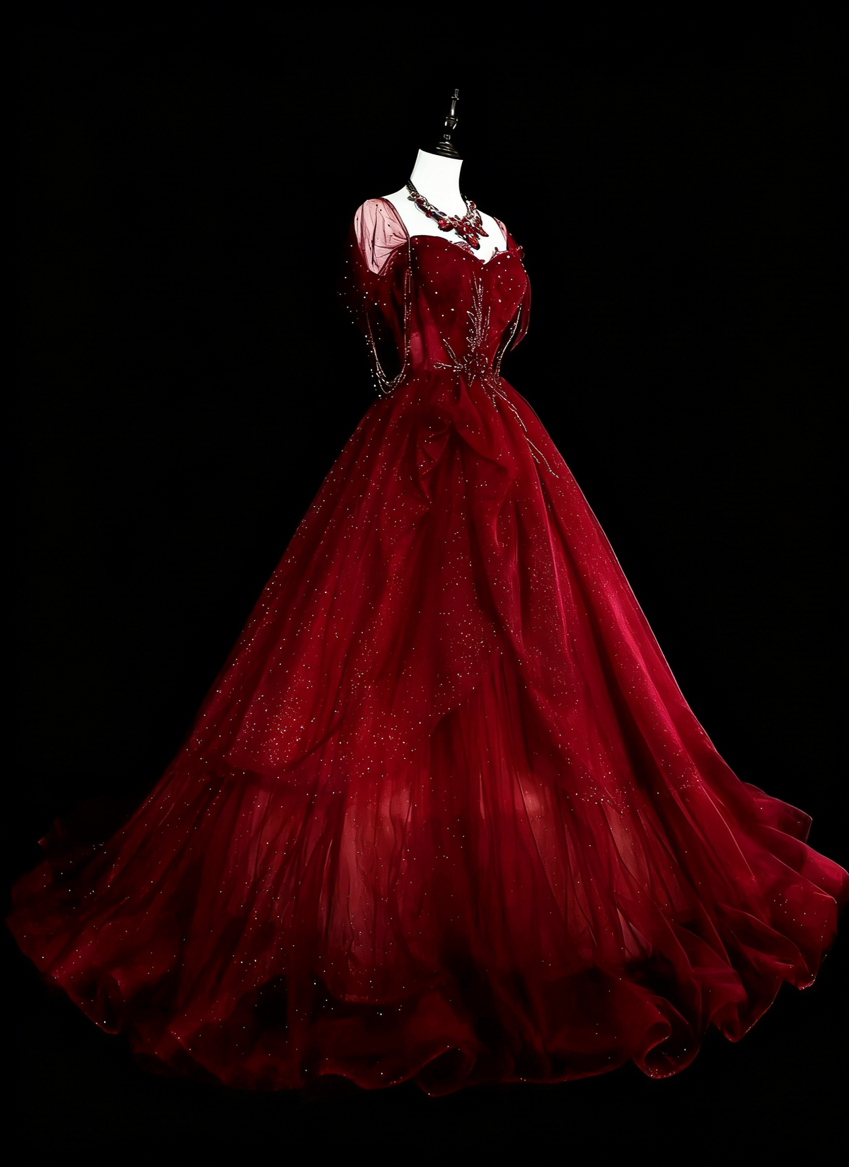 Ball Gown Sweetheart Burgundy Tulle With Beads Prom Dresses Evening Gown Formal Dress Vintage Party N1777