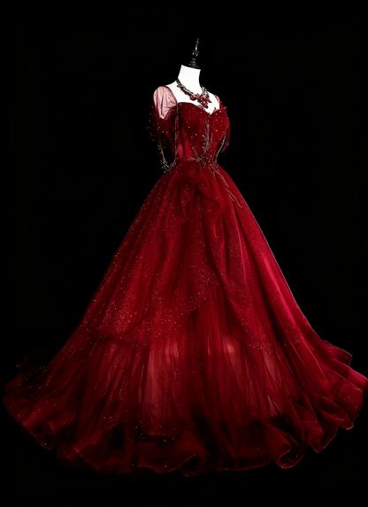 Ball Gown Sweetheart Burgundy Tulle With Beads Prom Dresses Evening Gown Formal Dress Vintage Party N1777