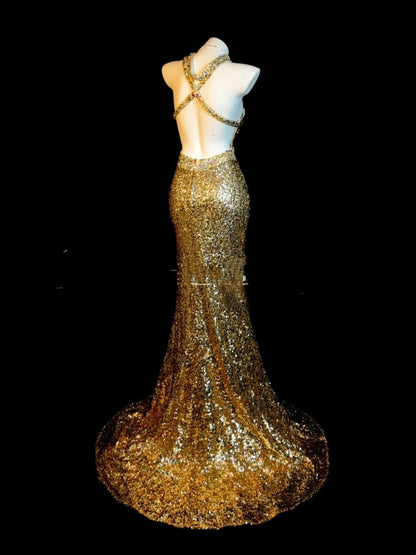 Gorgeous Prom Dresses Mermaid Halter Gold Sequin Backless Sleeveless Formal Evening Outfits N3787