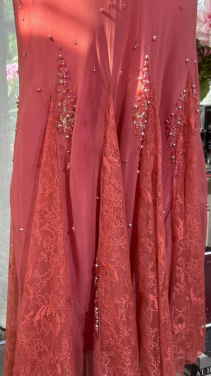 Modest Prom Dresses Mermaid Spaghetti Strap Coral Chiffon With Beading Long Lace Evening Outfits N3537