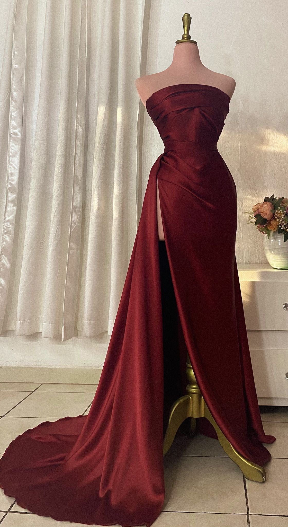 Elegant Mermaid Strapless Burgundy With Pleated Slit Long Formal Prom Evening Dress Dinner Outfits Party Gowns AB2080