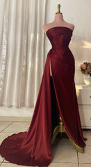 Elegant Mermaid Strapless Burgundy With Pleated Slit Long Formal Prom Evening Dress Dinner Outfits Party Gowns AB2080