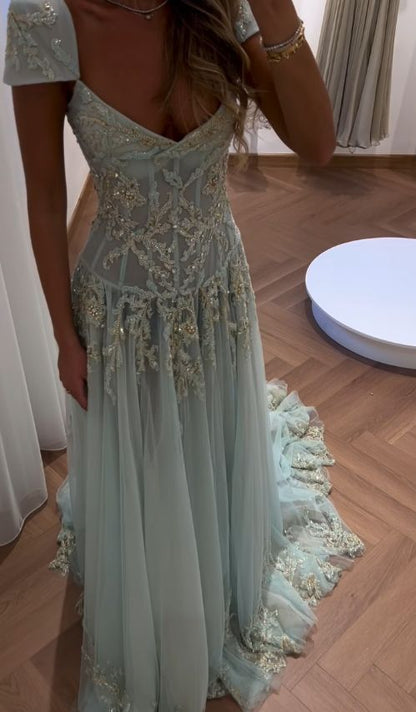 Fairy-tale A Line Exquisite Beaded Tulle Prom Dress Wedding Guest Dress Dinner Outfits Party Gowns AB2198