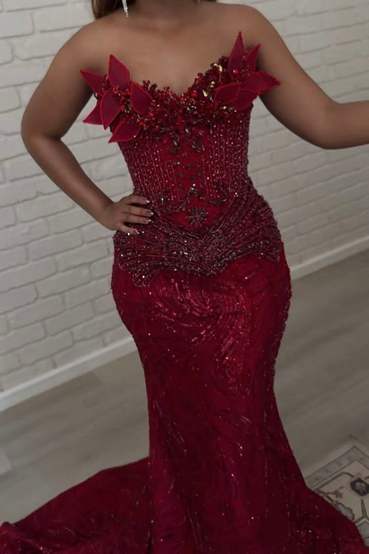 Elegant Mermaid Strapless Burgundy With Beadings Long Formal Prom Evening Dress Dinner Outfits Party Gowns AB2081