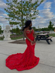 Elegant Mermaid Sweetheart Red Sequin With Beadings Black Girls Long Formal Prom Evening Dress Dinner Outfits Party Gowns AB2084