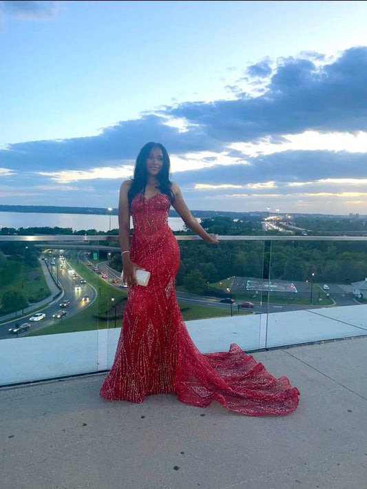 Elegant Mermaid Sweetheart Red Sequin With Beaded For Black Girls Long Formal Prom Evening Dress Dinner Outfits Party Gowns AB2085