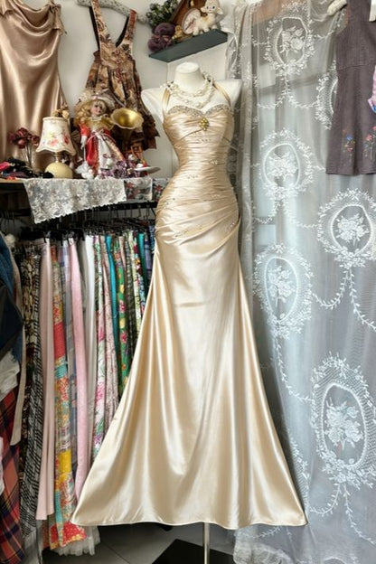 Vintage Halter Sheath Long Prom Dresses Beaded Satin Blue Evening Dresses Sleeveless Birthday Dress N1781