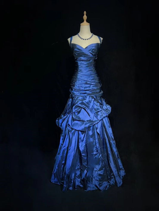 Beautiful Mermaid Sweetheart With Ruffled Navy Blue Satin Long Evening Prom Dresses N1793
