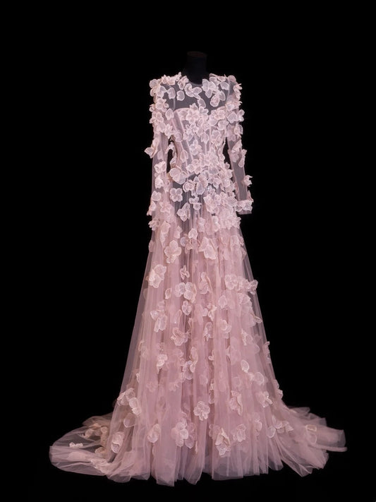Elegant Prom Dresses A Line Scoop Pink With Long Sleeves Flowers Formal Evening Outfits N3790