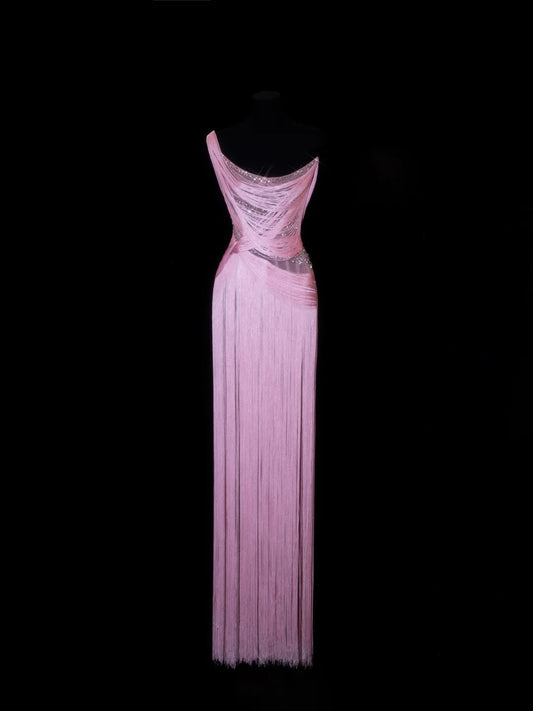 Elegant Prom Dresses Sheath One Shoulder Pink With Tassel Sleeveless Formal Evening Outfits N3788