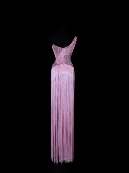 Elegant Prom Dresses Sheath One Shoulder Pink With Tassel Sleeveless Formal Evening Outfits N3788