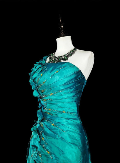 Vintage Mermaid One Shoulder Green 70s With Pleated Beads Long Prom Gown Party Wear Dresses N1838