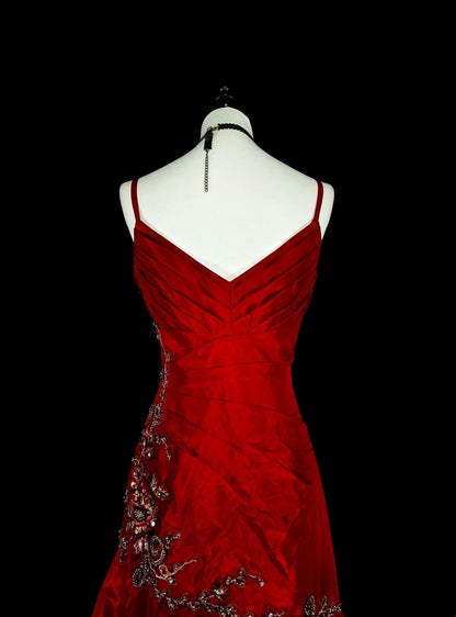 Vintage Mermaid Spaghetti Strap Red With Lace Appliques Beadings Long Prom Gown Party Wear Fashion Dresses N1828