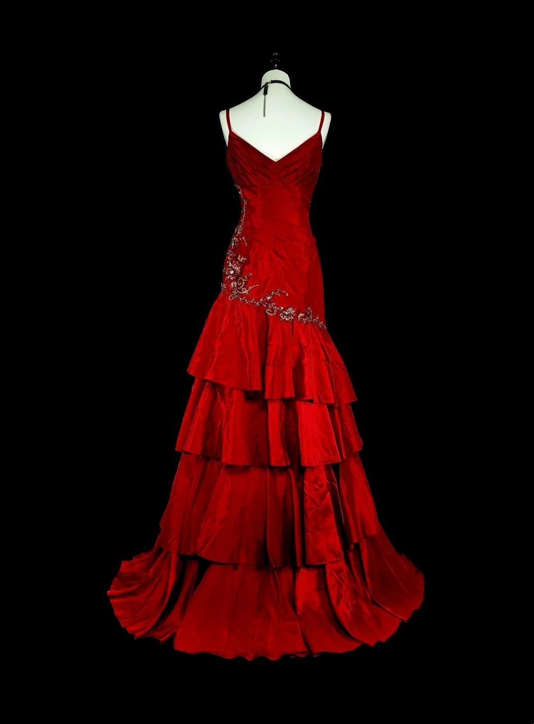 Vintage 1980s Mermaid Spaghetti Straps Red With Appliques Sleeveless Long Prom Formal Dresses N1601