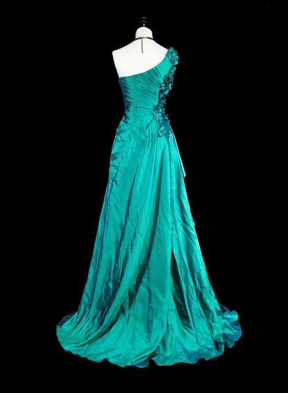 Vintage Mermaid One Shoulder Green 70s With Pleated Beads Long Prom Gown Party Wear Dresses N1838