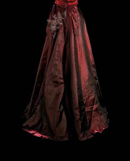 Vintage A line Scoop Burgundy Satin 80s Evening Gowns Formal Birthday Dress Long Prom Dresses N1758
