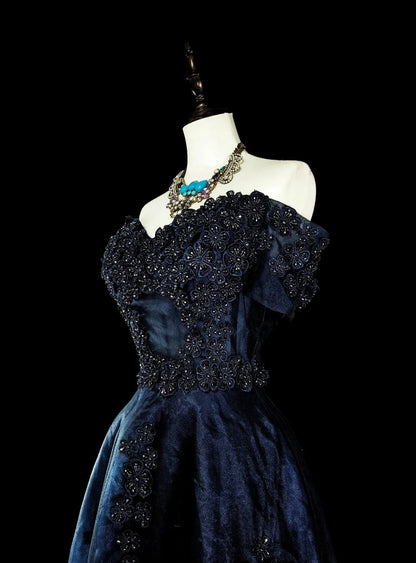 Vintage A line Off The Shoulder Navy Blue Tulle 80s Evening Gowns Formal Birthday Dress Long Prom Dresses N1753