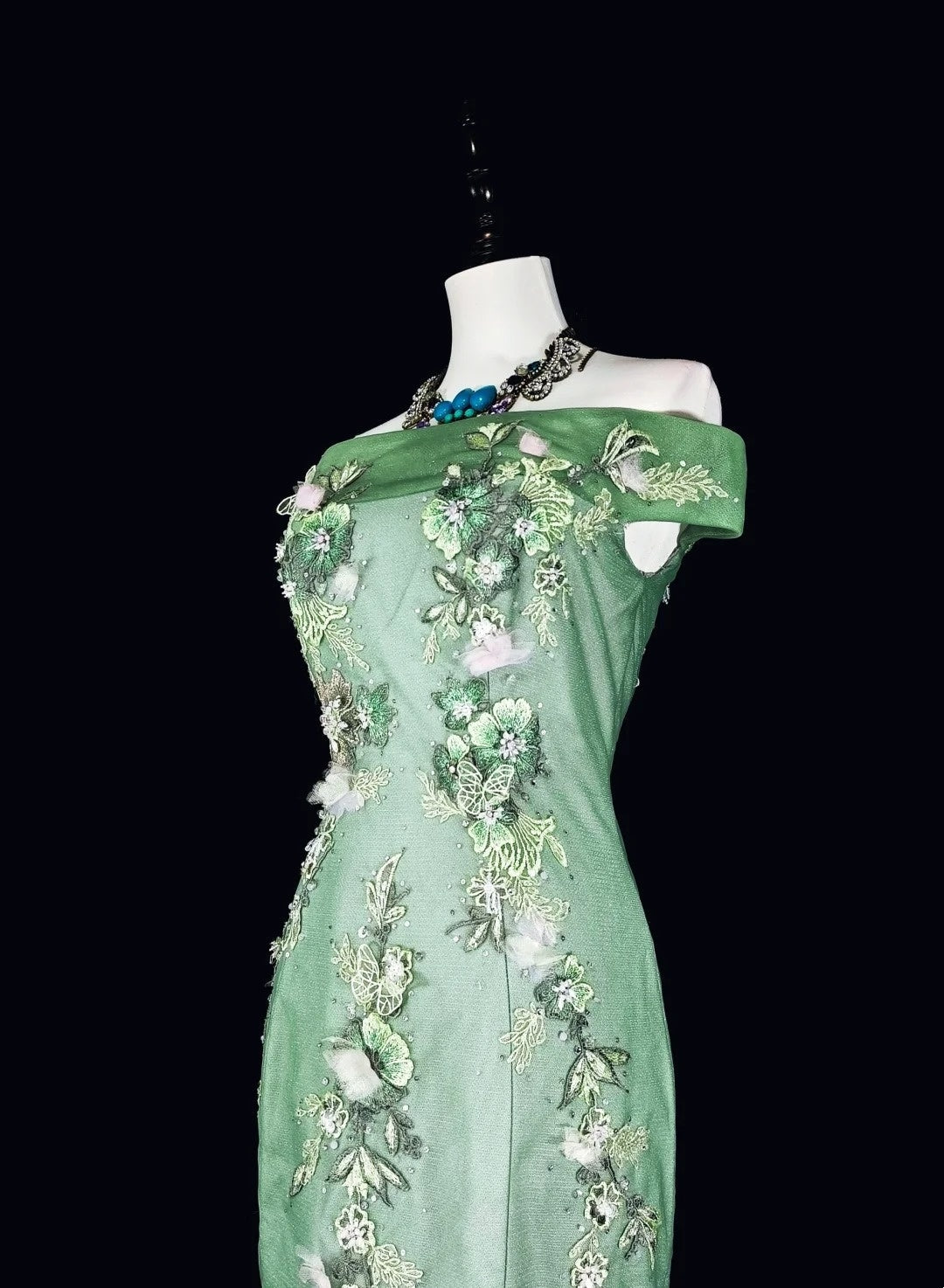 Vintage Mermaid Off The Shoulder Sage Green 70s Lace Long Prom Gown Party Wear Dresses N1836