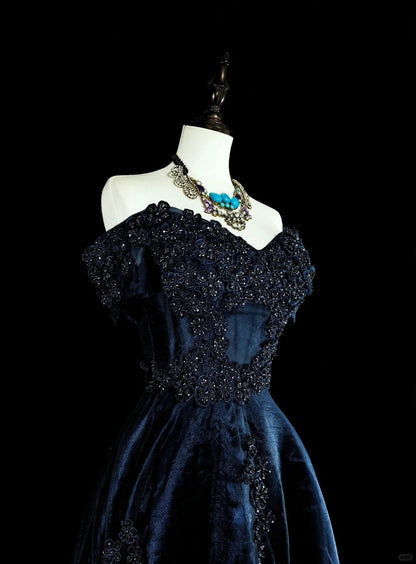 Vintage A line Off The Shoulder Navy Blue Tulle 80s Evening Gowns Formal Birthday Dress Long Prom Dresses N1753