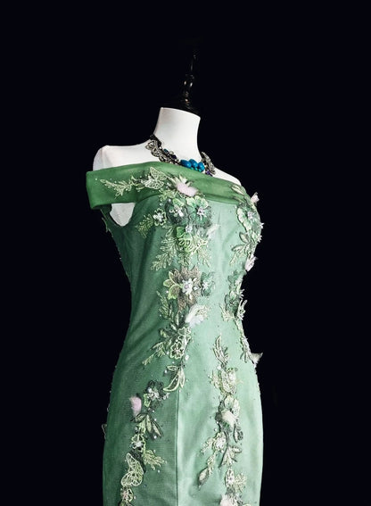 Vintage Mermaid Off The Shoulder Sage Green 70s Lace Long Prom Gown Party Wear Dresses N1836