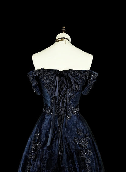 Vintage A line Off The Shoulder Navy Blue Tulle 80s Evening Gowns Formal Birthday Dress Long Prom Dresses N1753