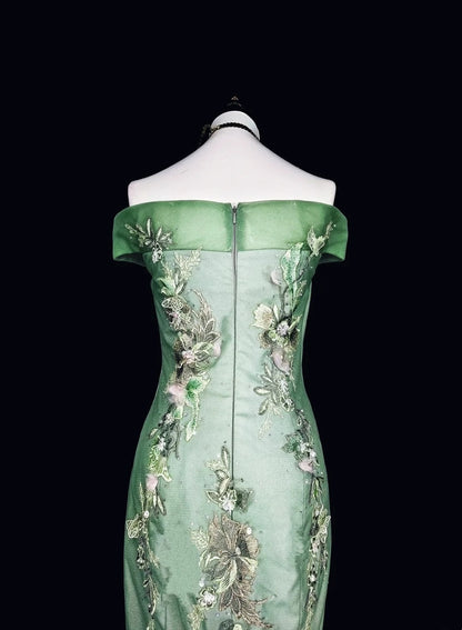 Vintage Mermaid Off The Shoulder Sage Green 70s Lace Long Prom Gown Party Wear Dresses N1836