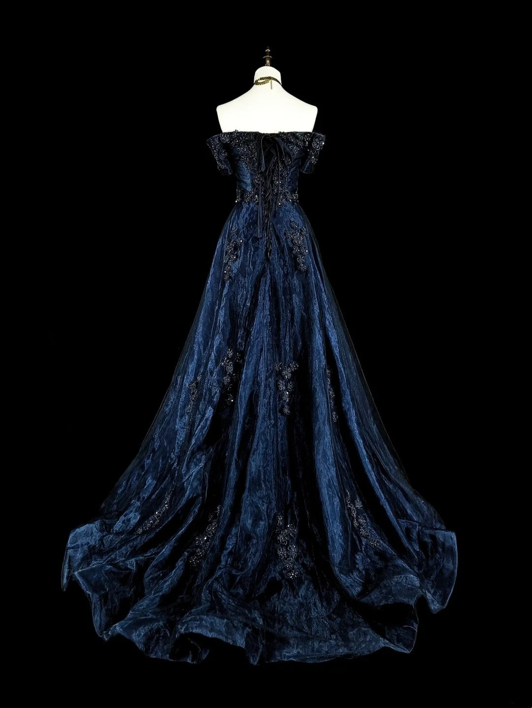 Vintage A line Off The Shoulder Navy Blue Tulle 80s Evening Gowns Formal Birthday Dress Long Prom Dresses N1753