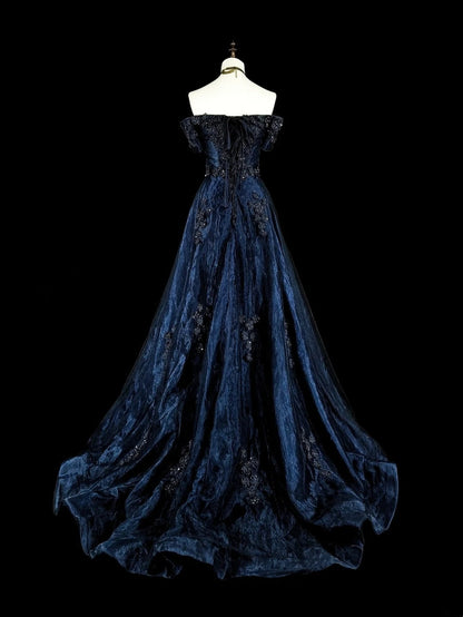 Vintage A line Off The Shoulder Navy Blue Tulle 80s Evening Gowns Formal Birthday Dress Long Prom Dresses N1753