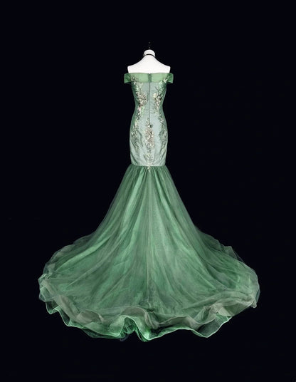 Vintage Mermaid Off The Shoulder Sage Green 70s Lace Long Prom Gown Party Wear Dresses N1836
