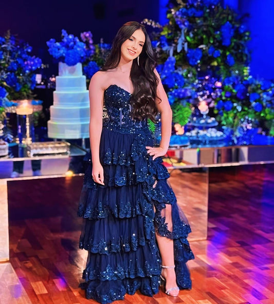 Modest Party Gowns Sleeveless Floor-Length A line Navy Blue Sweetheart Slit Lace Long Prom Dress AB1773