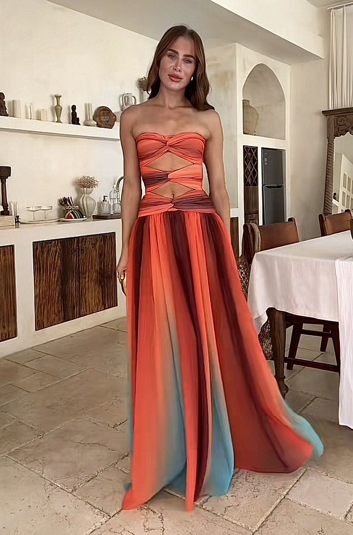 Women Tie Dye Maxi Dress Strapless Gradient Hollow Out Long Dress Summer Prom Dress N2349