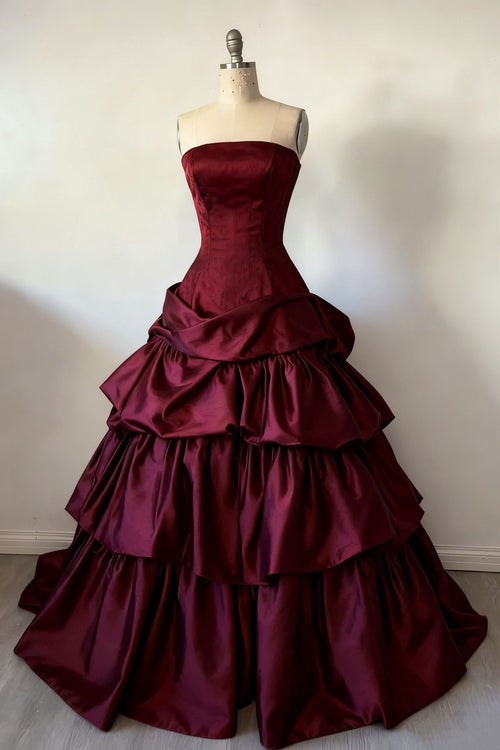 Gorgeous Ball Gown Burgundy Prom Dress Satin Strapless Long Evening Dress Sleeveless Graduation Dress N1624