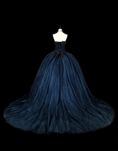 Vintage Ball Gown Sweetheart Navy Blue Tulle 80s Evening Gowns Formal 16th Birthday Dress Long Prom Dresses N1757
