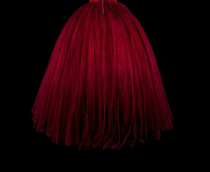 Modest Prom Dresses Ball Gown Square Neck Burgundy Tulle Long Quince Dress N3072
