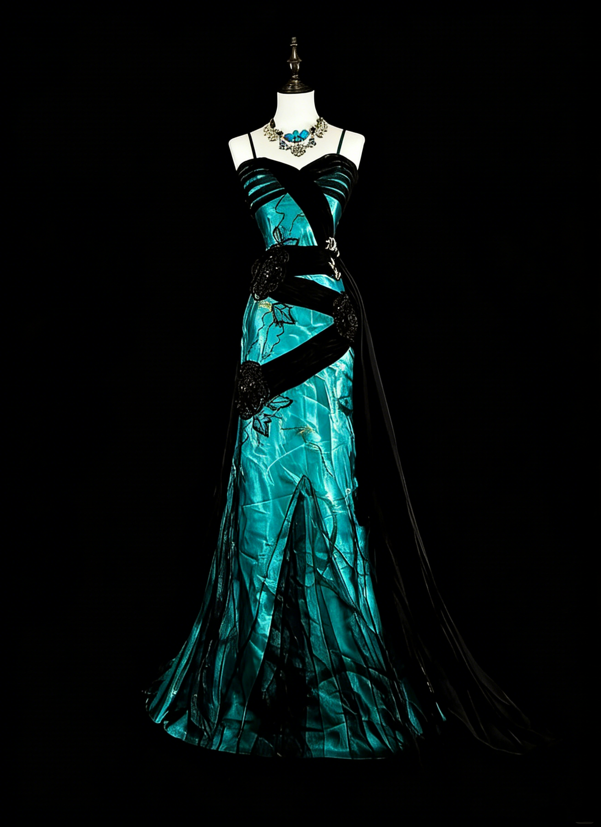 Vintage 1960s Mermaid Spaghetti Strap Black Tulle Green Satin Sleeveless Long Prom Formal Dresses N1585