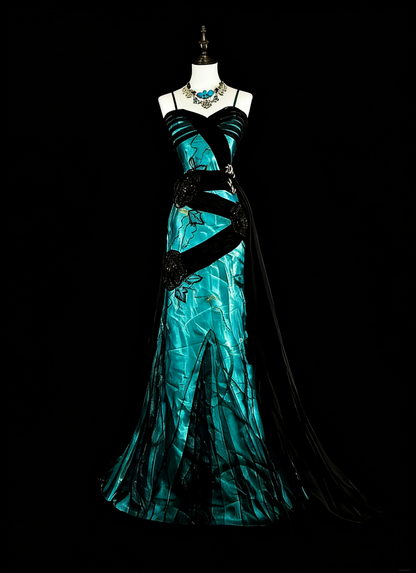 Vintage 1960s Mermaid Spaghetti Strap Black Tulle Green Satin Sleeveless Long Prom Formal Dresses N1585