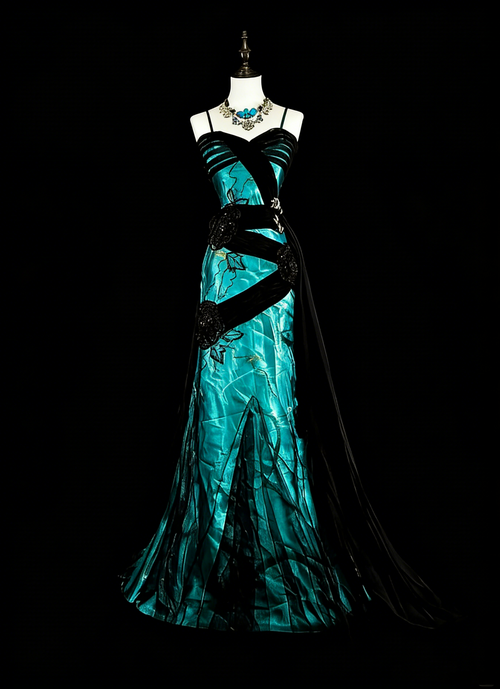 Vintage 1960s Mermaid Spaghetti Strap Black Tulle Green Satin Sleeveless Long Prom Formal Dresses N1585