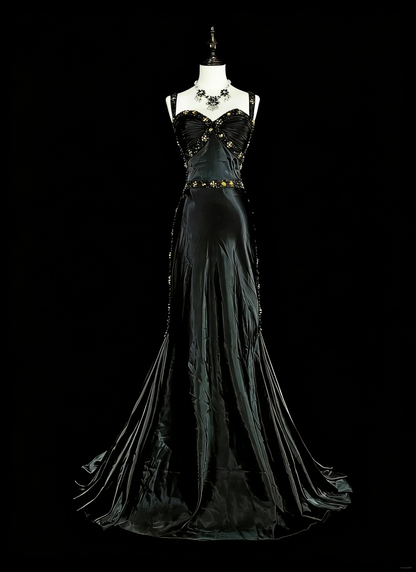 Vintage 1960s Mermaid Sweetheart Black With Straps Sleeveless Long Prom Formal Dresses N1591