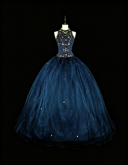 Modest Prom Dresses Ball Gown Navy Blue Tulle Sleeveless Sweet 16 Dress Formal Evening Outfits N3515