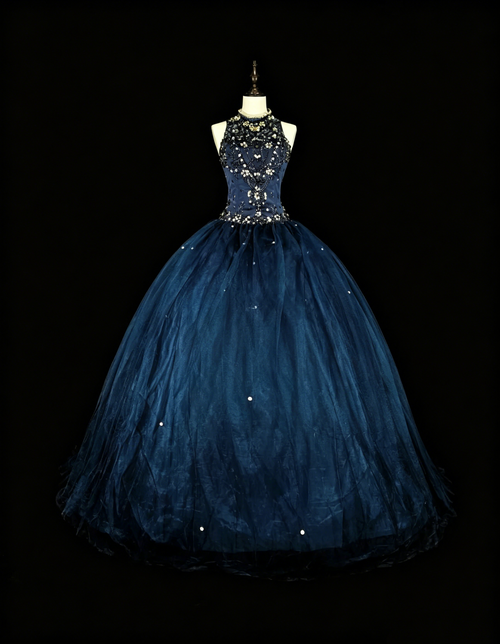 Modest Prom Dresses Ball Gown Navy Blue Tulle Sleeveless Sweet 16 Dress Formal Evening Outfits N3515