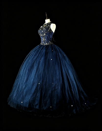 Modest Prom Dresses Ball Gown Navy Blue Tulle Sleeveless Sweet 16 Dress Formal Evening Outfits N3515