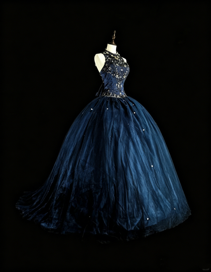 Modest Prom Dresses Ball Gown Navy Blue Tulle Sleeveless Sweet 16 Dress Formal Evening Outfits N3515