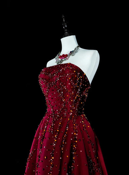 Vintage 1780s A line Strapless Dark Redd Sleeveless With Beadings Long Prom Dresses N1600