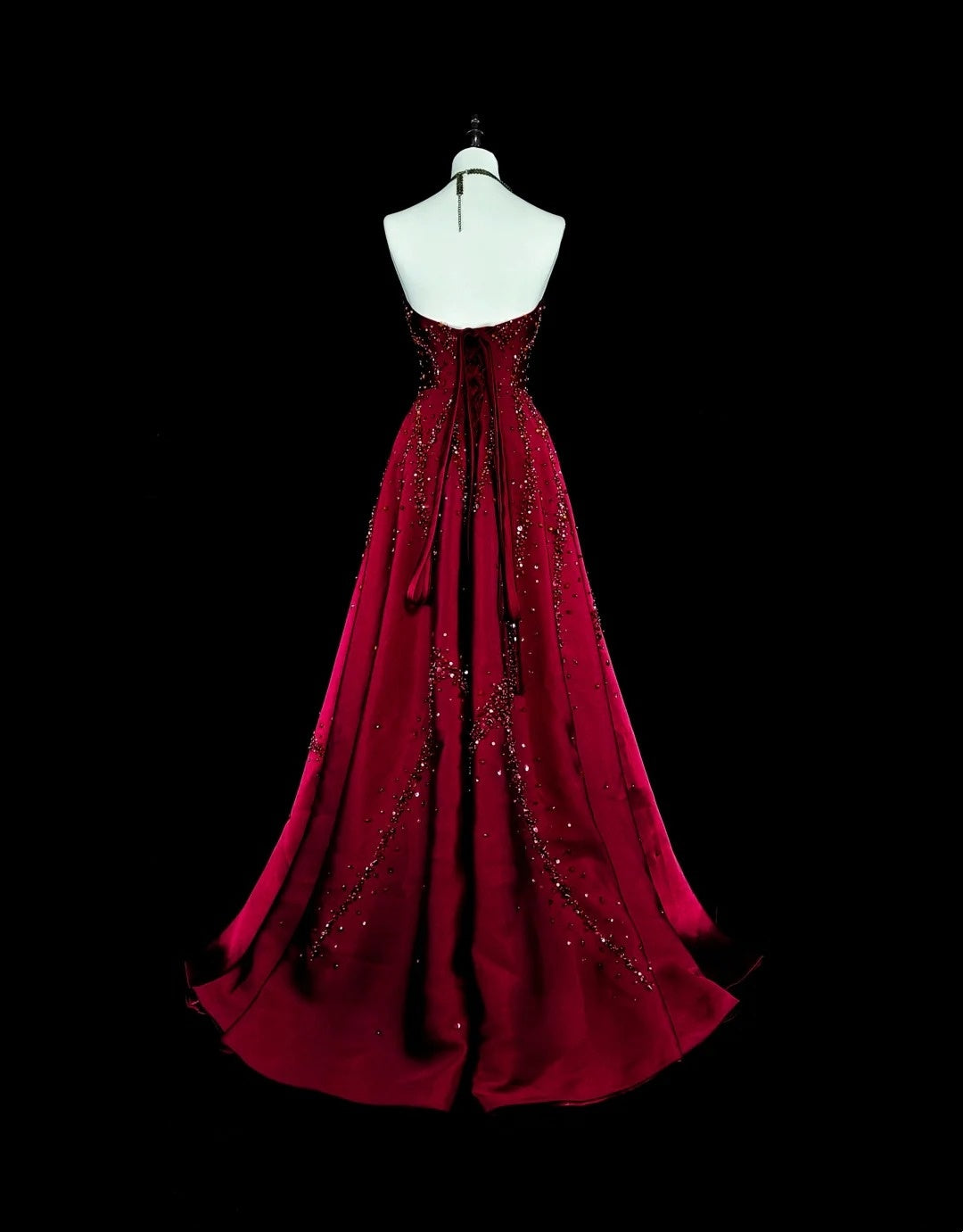 Vintage 1780s A line Strapless Dark Redd Sleeveless With Beadings Long Prom Dresses N1600