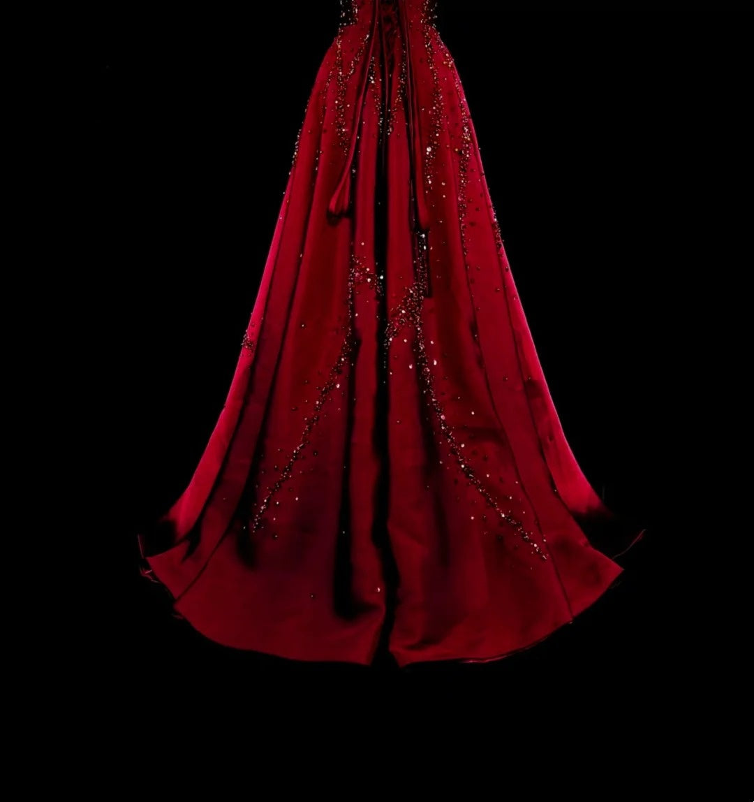 Vintage 1780s A line Strapless Dark Redd Sleeveless With Beadings Long Prom Dresses N1600