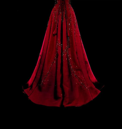 Vintage 1780s A line Strapless Dark Redd Sleeveless With Beadings Long Prom Dresses N1600