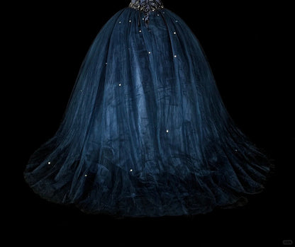 Modest Prom Dresses Ball Gown Navy Blue Tulle Sleeveless Sweet 16 Dress Formal Evening Outfits N3515