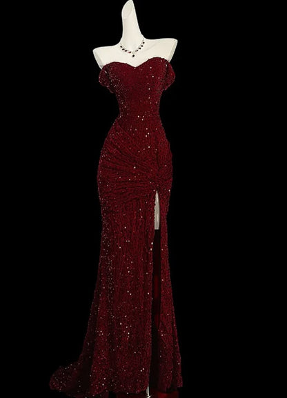 Classy Mermaid Sweetheart Red Slit Sequin Long Evening Gowns Prom Dress N1507