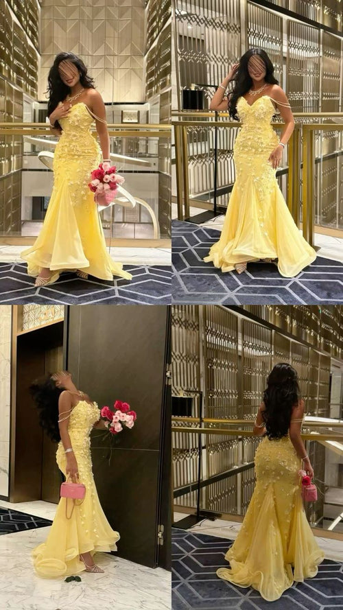 Elegant Mermaid Sweetheart Yellow Sleeveless Tulle Lace Formal For Women Girls Teens Prom Dresses N2274