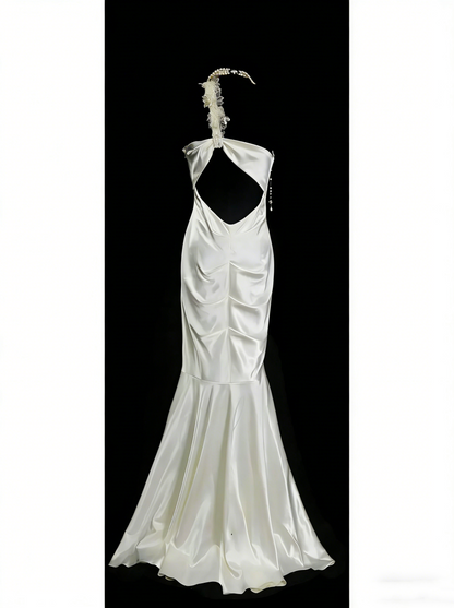 Vintage Mermaid One Shoulder White Backless Summer Formal For Women Girls Teens Prom Dresses N2236
